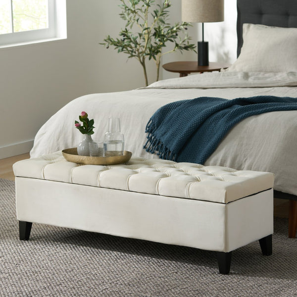English Elm Button Tufted Storage Ottoman Upholstered Bench with Hinged Lid for Bedroom Entryway Beige N769P416738M