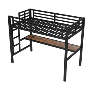 English Elm Metal Twin Loft Bed With Integrated Desk, Power Outlet, Led Lights - Space-Saving Design In Black W1580P372863