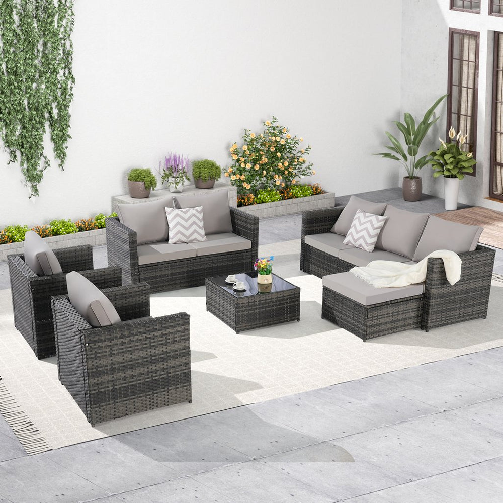 English Elm 6 Piece Outdoor Modular Sectional with Pe Wicker Cushioned Seating and Tempered Glass Table W874S00060