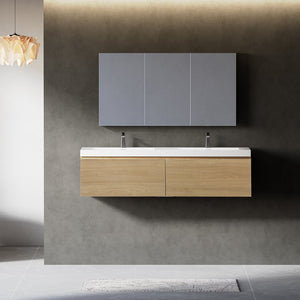 English Elm 60'' Floating Wall Mount Vanity Dual Quartz Basins Smoked Walnut Fluted Cabinet W1920P385461