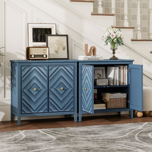 English Elm Geometric Diamond Embossed Sideboard Cabinet Matte Vintage Mdf Entryway Storage Blue W688P364739