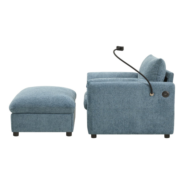 English Elm 37" Oversized Chenille Armchair with Ottoman Usb Charging Pocket Spring Living Room Blue N723P387145C