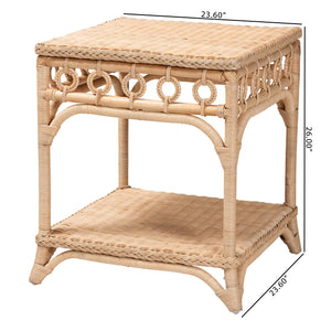 English Elm Bohemian Hand-woven Rattan Round End Table with Open Geometric Base for Living Rooms B2750P467842