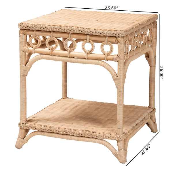 English Elm Bohemian Hand-woven Rattan Round End Table with Open Geometric Base for Living Rooms B2750P467842