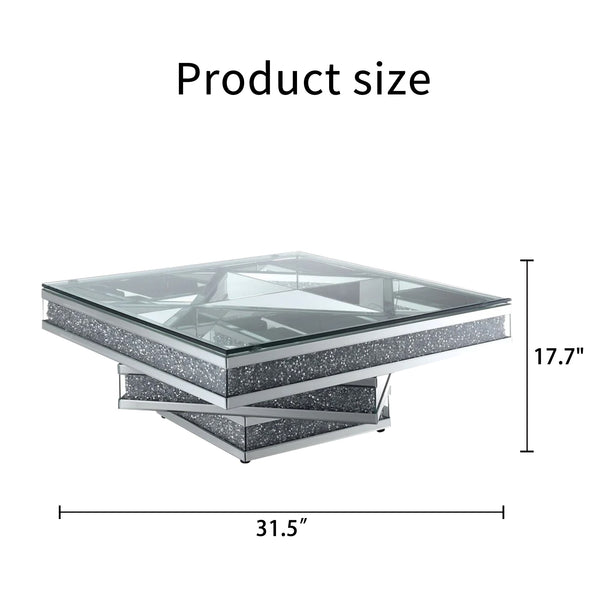 English Elm Modern Glam Square Coffee Table with Mirrored Tiers and Faux Crystal Diamond Inlay W3836P370271