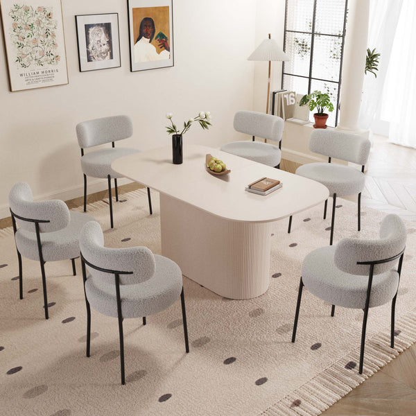 English Elm 63" Cream Mdf Dining Table Set With 6 Circular Cushioned Chairs - Mid-Century Modern Elegance & Comfort W2189S00708