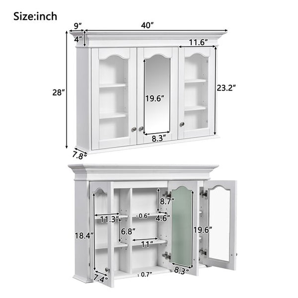 English Elm 40" Medicine Cabinet with Mirror, 6 Adjustable Shelves, Wall-Mounted Bathroom Organizer, White Modern Design N710P264317K