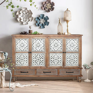 English Elm 59.06" Rustic Natural Wood Accent Cabinet with 4 Doors & 3 Drawers, Adjustable Shelves, Durable MDF W2295P290643