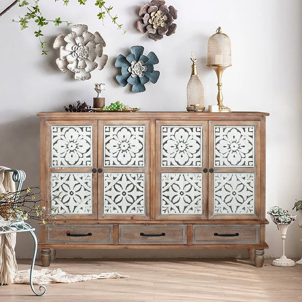 English Elm 59.06" Rustic Natural Wood Accent Cabinet with 4 Doors & 3 Drawers, Adjustable Shelves, Durable MDF W2295P290643