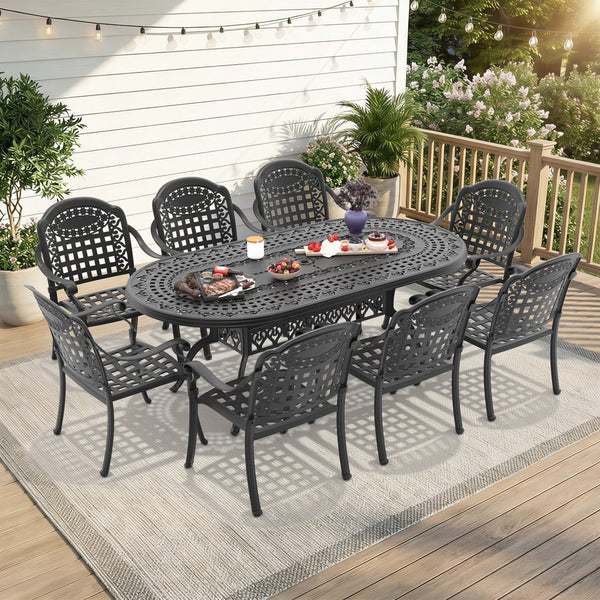English Elm 9-piece Cast Aluminum Outdoor Dining Set Ornate Carved Patio Furniture for 8 Guests W1710S00657