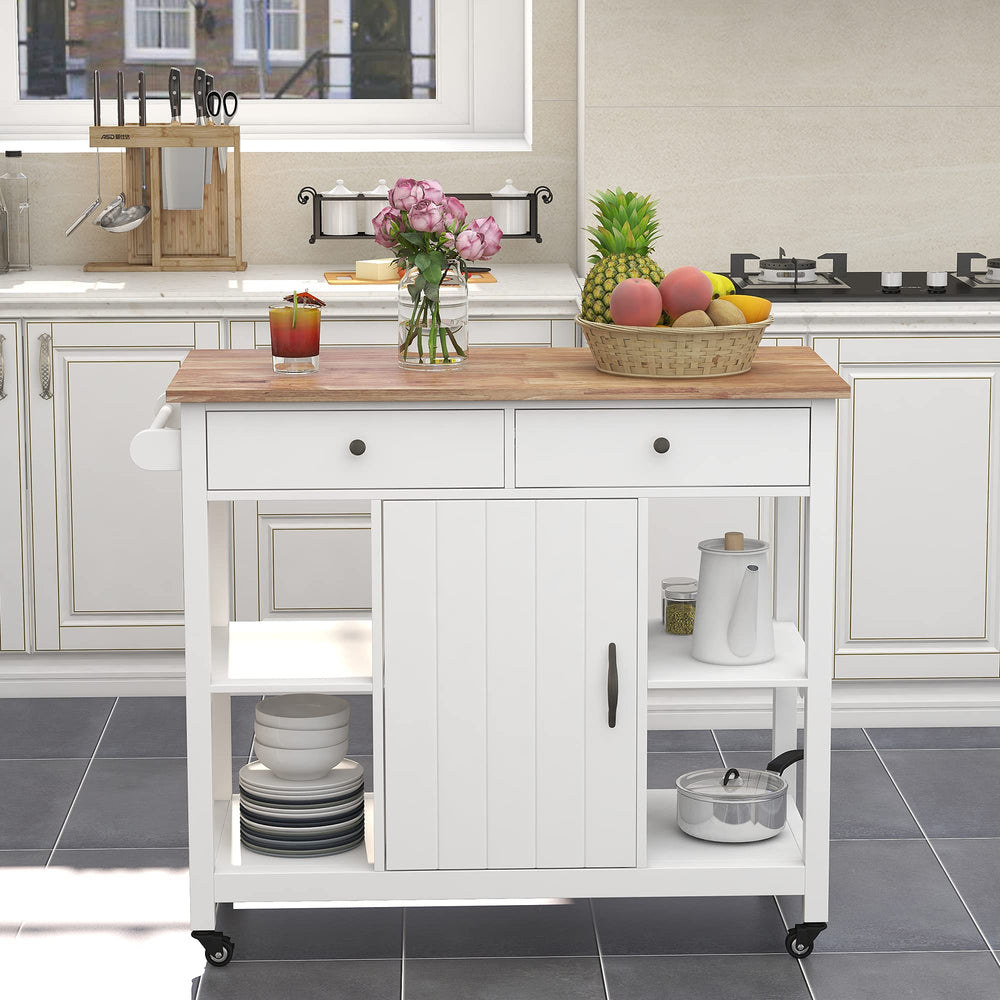 English Elm 40" Kitchen Island Cart with Solid Rubber Wood Top, Locking Casters, Drawers & Towel Rack White T3771P372502