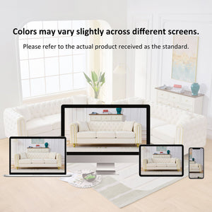 English Elm 86" Chesterfield Velvet Three Seat Sofa Button Tufted Rolled Arms Gold Legs Living Room Beige W3373S00079