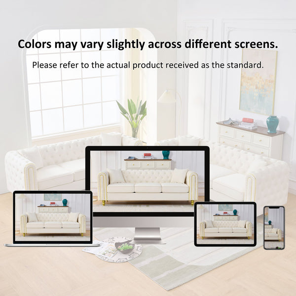 English Elm 86" Chesterfield Velvet Three Seat Sofa Button Tufted Rolled Arms Gold Legs Living Room Beige W3373S00079