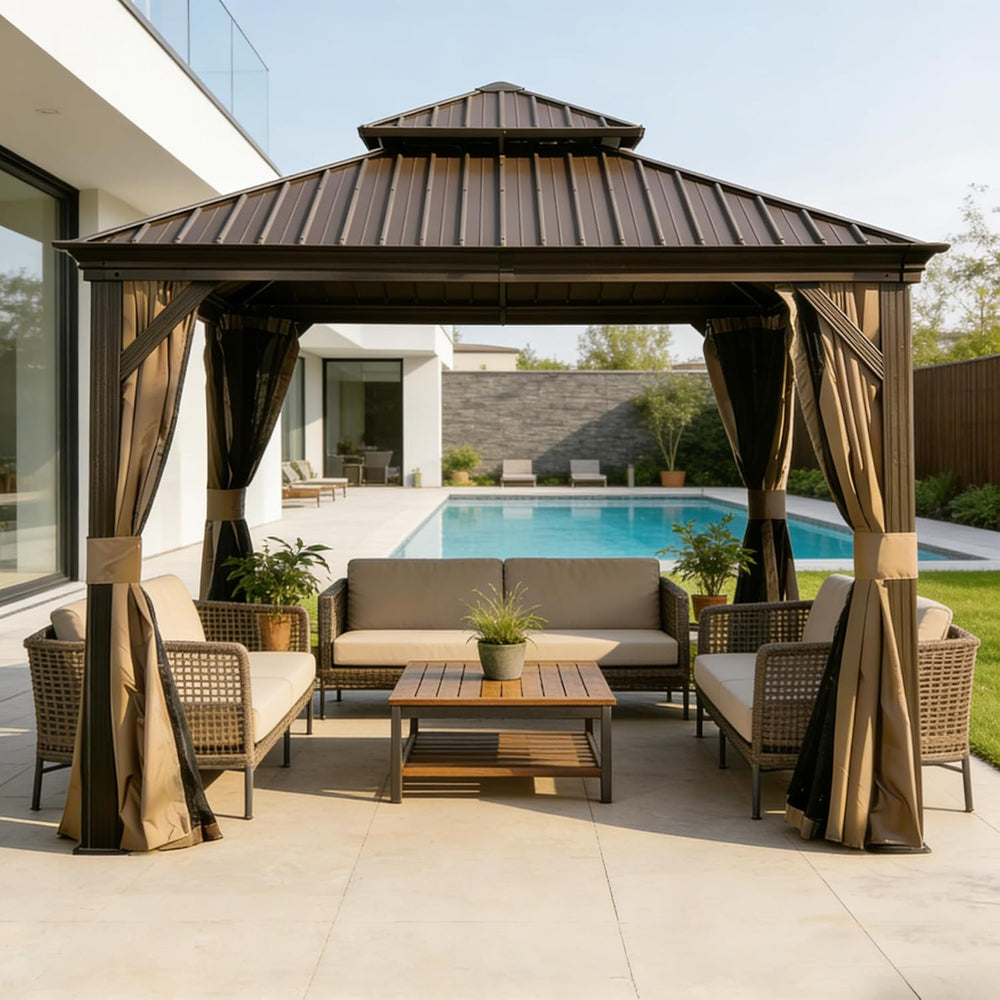 English Elm 13x13ft Hardtop Gazebo Galvanized Steel Vented Double Roof with Curtains Netting Patio Brown W1859S00204