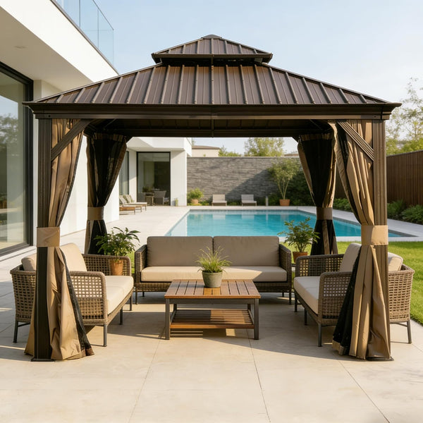 English Elm 13x13ft Hardtop Gazebo Galvanized Steel Vented Double Roof with Curtains Netting Patio Brown W1859S00204
