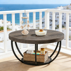 English Elm 2-tier Round Coffee Table Engineered Wood Top Arc Steel Legs Living Room Accent Black,Gray T3971P453344