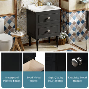 English Elm 24'' French-Style Bathroom Vanity with Ceramic Sink, Black Long Legs, 2 Drawers, Moisture-Resistant Elegance N710P195621B