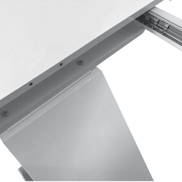 English Elm 47.25''-63'' Extendable White Gloss Dining Table for 4-6, High-Gloss MDF Top, Crossed Metal Base, 220lb Capacity W757P270706