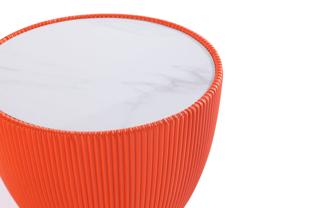 English Elm Anderson Sintered Stone Top Upholstered End Table with Pleated Leatherette & Gold Round Base, Modern Design Orange B365P398477