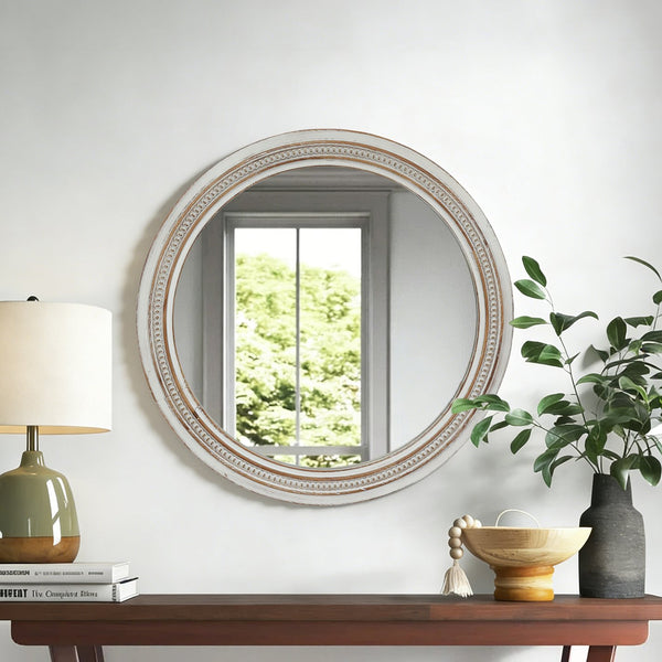 English Elm Vintage Round Wood Wall Mirror Beaded Ornate Frame Farmhouse Cottage Decor Accent W2295P414109
