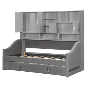 English Elm Twin Upholstered Daybed with LED Armrest Lighting, Hidden Storage Shelves & Lift-Up Pull-Out Trundle Gray SF000198AAE