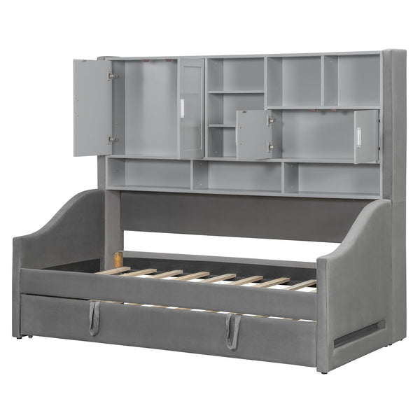 English Elm Twin Upholstered Daybed with LED Armrest Lighting, Hidden Storage Shelves & Lift-Up Pull-Out Trundle Gray SF000198AAE