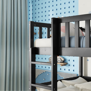 English Elm Twin Triple Rubberwood Bunk Bed with Ladders & Guardrails, Space-Saving Modular Design for Families Black W504S00173