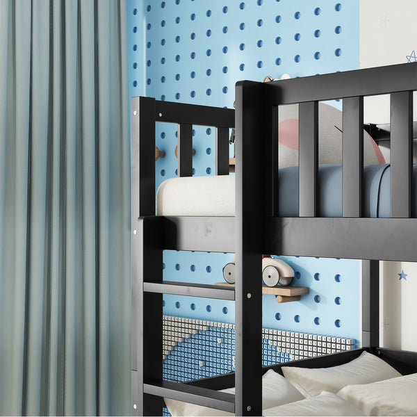 English Elm Twin Triple Rubberwood Bunk Bed with Ladders & Guardrails, Space-Saving Modular Design for Families Black W504S00173
