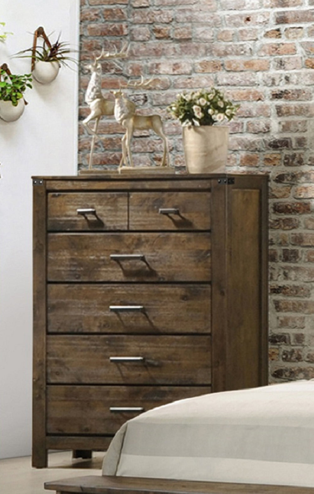 English Elm 1pc Rustic Industrial Five Drawer Chest with Solid Wood Grain, Metal Handles, Sturdy Bedroom Storage Brown 39.6 L x 20.31 W x 52.24 H B011P234683