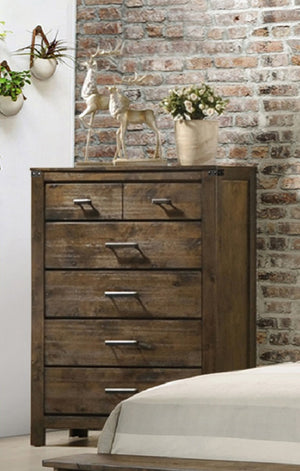 English Elm 1pc Rustic Industrial Five Drawer Chest with Solid Wood Grain, Metal Handles, Sturdy Bedroom Storage Brown 39.6 L x 20.31 W x 52.24 H B011P234683