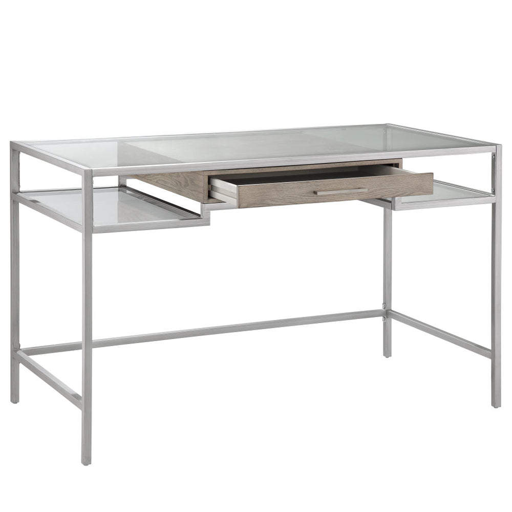 JLA Home Madison Park - Writing Desk with Tempered Glass Top, Brushed Silver Metal Frame, Minimalist Drawer & Open Legs MP122-0923