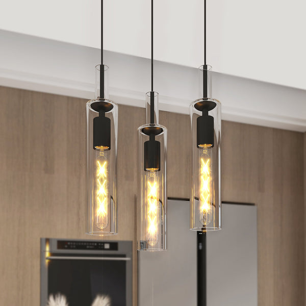 English Elm 3 Pack Industrial Pendant Lights Clear Glass Matte Black for Kitchen Island Dining W1340P309767