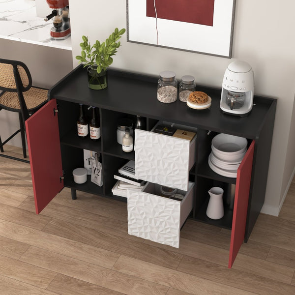 English Elm Sideboard Buffet Cabinet - Modern Black & Red Storage Solution With Drawers & Open Shelves For Style W409P176598-GIGA