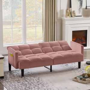 English Elm Velvet Convertible Futon Sofa Bed with Adjustable Back, Plush 9" Cushion, Eucalyptus Frame for Apartments Pink W1413P332830