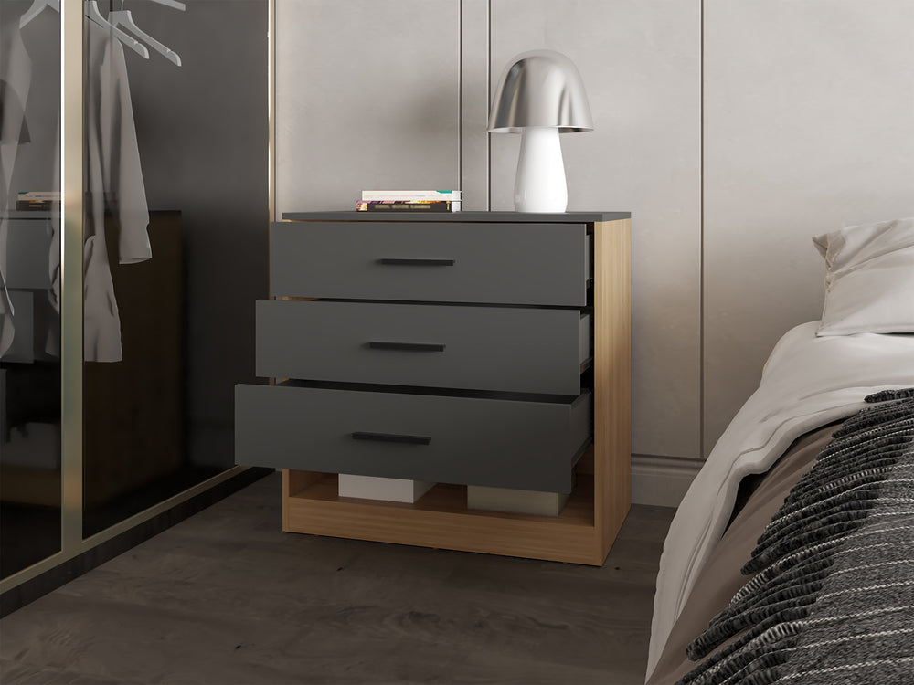 English Elm Lowrys Modern 3-Drawer Dresser with Open Shelf in Natural Oak & Matt Grey — Sleek Storage Solution for Bedroom organization B128P263723