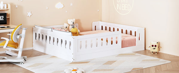 English Elm Wood Full Size Kids Platform Bed Solid Pine Guardrail Low Profile Safe Sleep Frame White N709P321458K