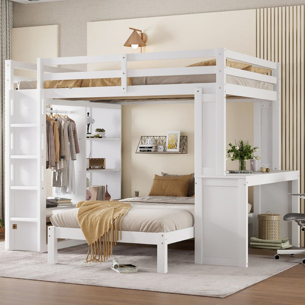 English Elm Queen Multifunctional Solid Wood Bunk Bed With Desk, Dismountable Twin Bed, Shelves & Wardrobe W1580S00214-GIGA
