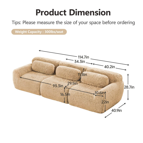 English Elm 114''soft Plush Modular Sectional Sofa with Cloud Cushions for Living Room Theater Light Khaki W714S01567