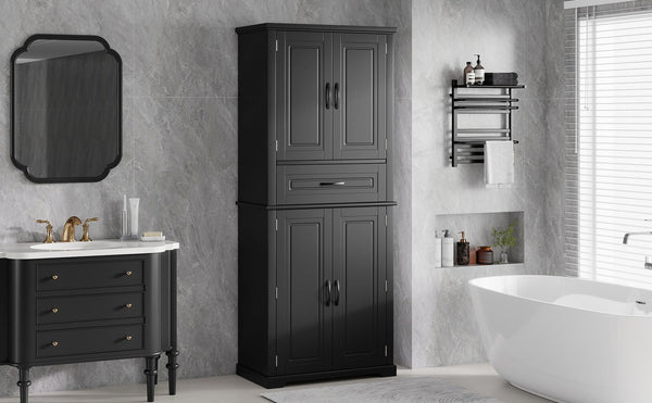 English Elm [video] Tall Matte Black Bathroom Cabinet with Drawer Adjustable Shelves and Door Racks N759P241667B