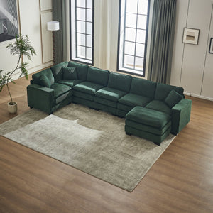 English Elm Modern U Shaped 6-Seat Sectional Sofa with Ottoman and 3 Toss Pillows, Corduroy Modular Comfort and Durable Frame Green W2363S00042