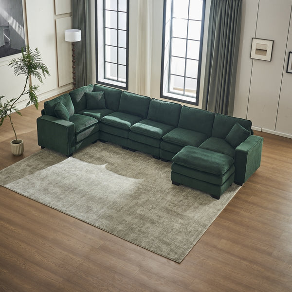 English Elm Modern U Shaped 6-Seat Sectional Sofa with Ottoman and 3 Toss Pillows, Corduroy Modular Comfort and Durable Frame Green W2363S00042