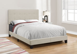 English Elm Bed, Full Size Upholstered Low Profile Linen-Look Bed Frame with Tufted Headboard & Slats Beige 60 L x 26 W x 4 H B2710P219521