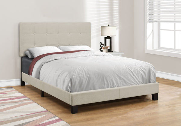 English Elm Bed, Full Size Upholstered Low Profile Linen-Look Bed Frame with Tufted Headboard & Slats Beige 60 L x 26 W x 4 H B2710P219521