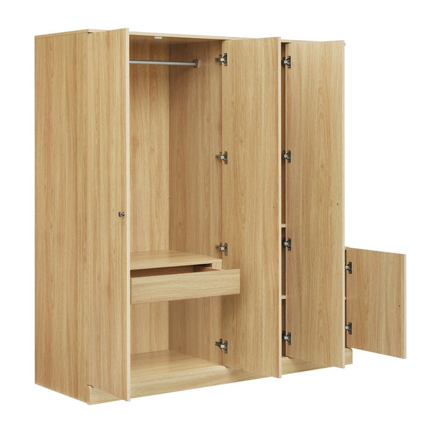 English Elm 4-Door Wardrobe with Full-Length Mirror, Dust-Proof Compartments, Shoe Door & Anti-Tip Safety Features Natural N820S00056N