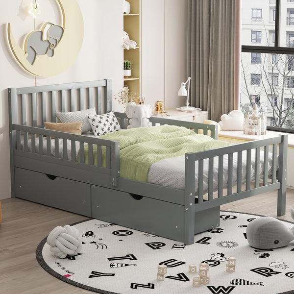 English Elm Twin Pinewood Platform Bed with Headboard, Guardrails & Two Underbed Drawers for Storage Gray 70.6 L x 17.1 W x 5.9 H N733P172696E