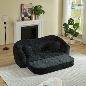 English Elm 86-inch Curved Chenille Convertible Sofa Recliner Frameless Folding Two-seater for Living Room Black W3505P452820