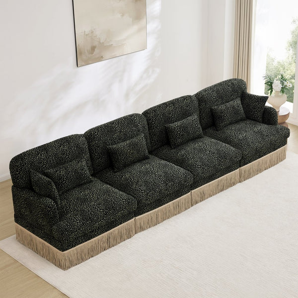 English Elm 131" Chenille Leopard Sectional Sofa Modular 4 Seat Deep Cushion Tassel Trim Green W5656S00034