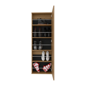 English Elm Leto 54" Wall-Mounted Shoe Cabinet with Mirror — Space-Saving Single Door, Holds 10 Pairs, Oak Finish B200P313680