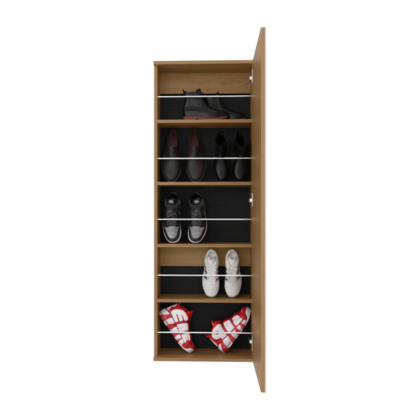 English Elm Leto 54" Wall-Mounted Shoe Cabinet with Mirror — Space-Saving Single Door, Holds 10 Pairs, Oak Finish B200P313680