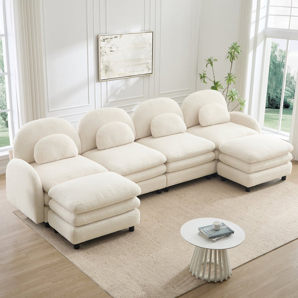 English Elm Teddy Fleece Curved Modular Sectional Sofa with Movable Ottomans for Cozy Living Rooms Beige White W5656S00089